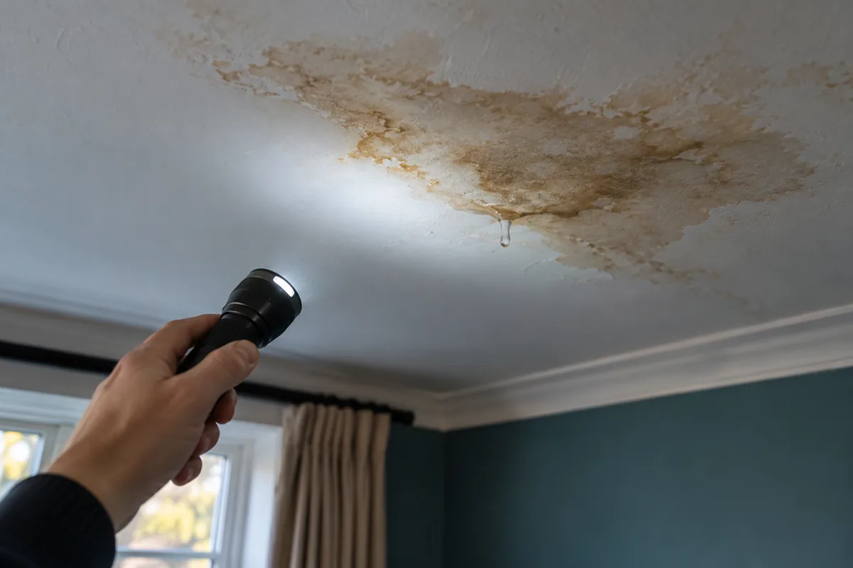 Illustrative water damage on a ceiling being inspected with a torch